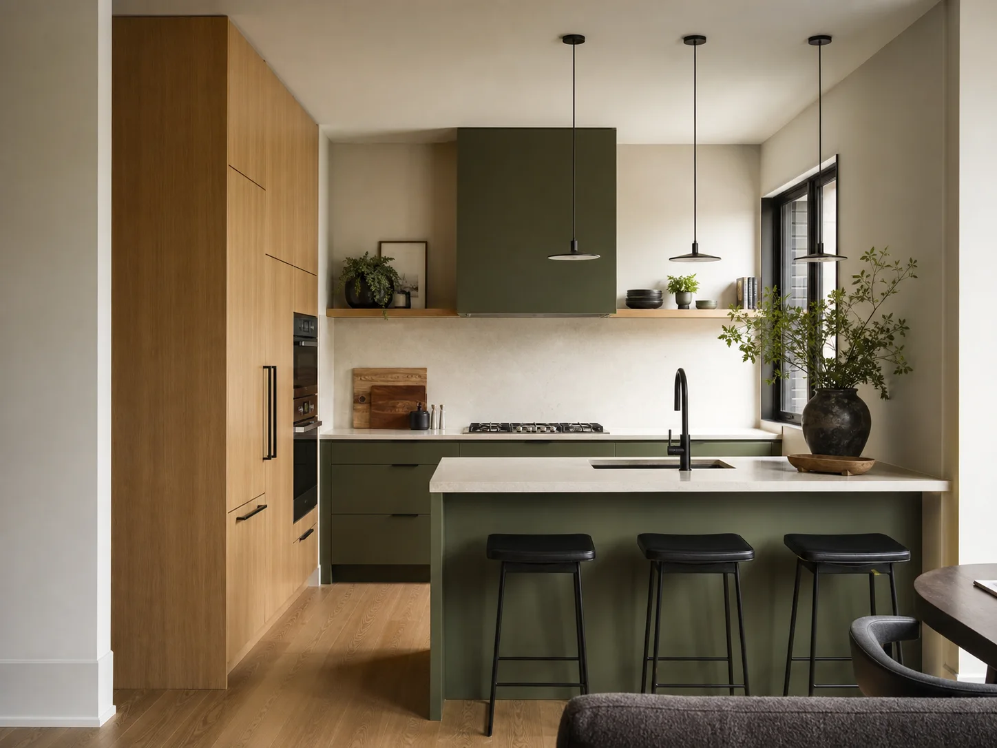 Modern kitchen design concept with olive cabinetry, oak storage and a compact island
