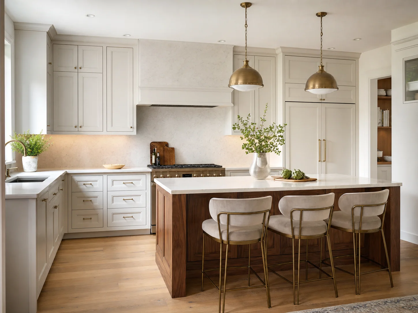 Transitional kitchen design concept with off-white cabinetry and a walnut island